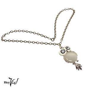 Vintage Enamel Owl Pendant Necklace Rhinestone Eyes Tail Moves 24" Chain Hey Viv